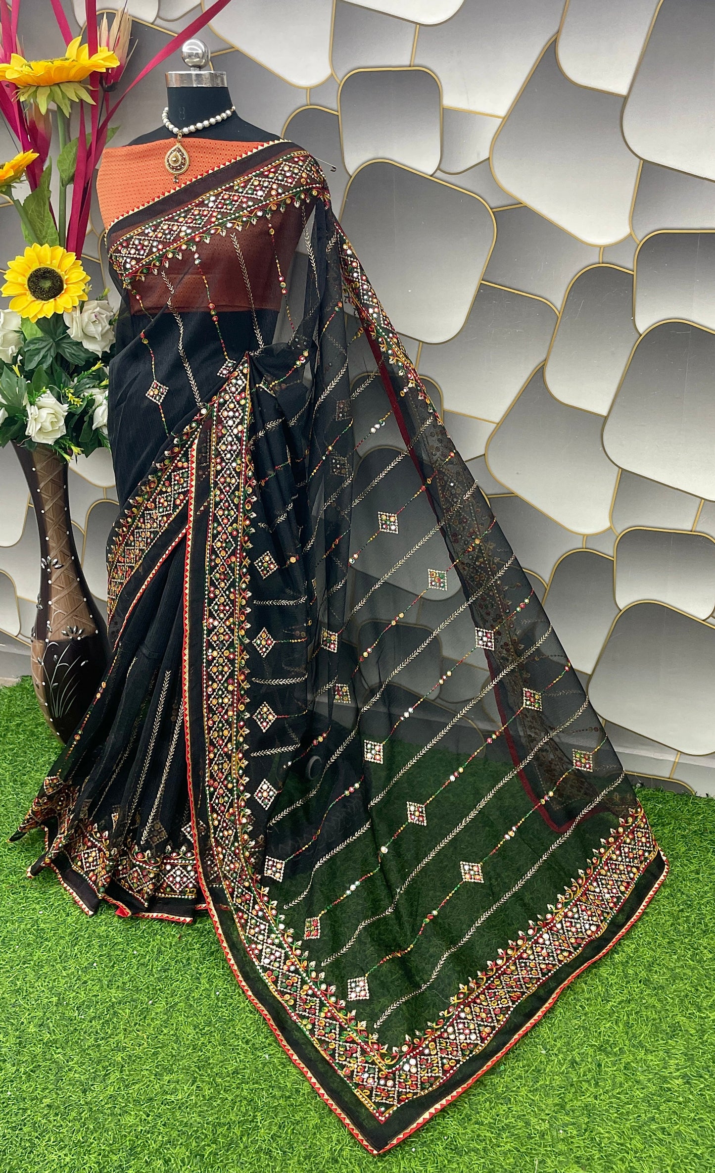 Designer Net Embroidered Saree with Mirror Work – Perfect for Weddings & Festive Wear - Black
