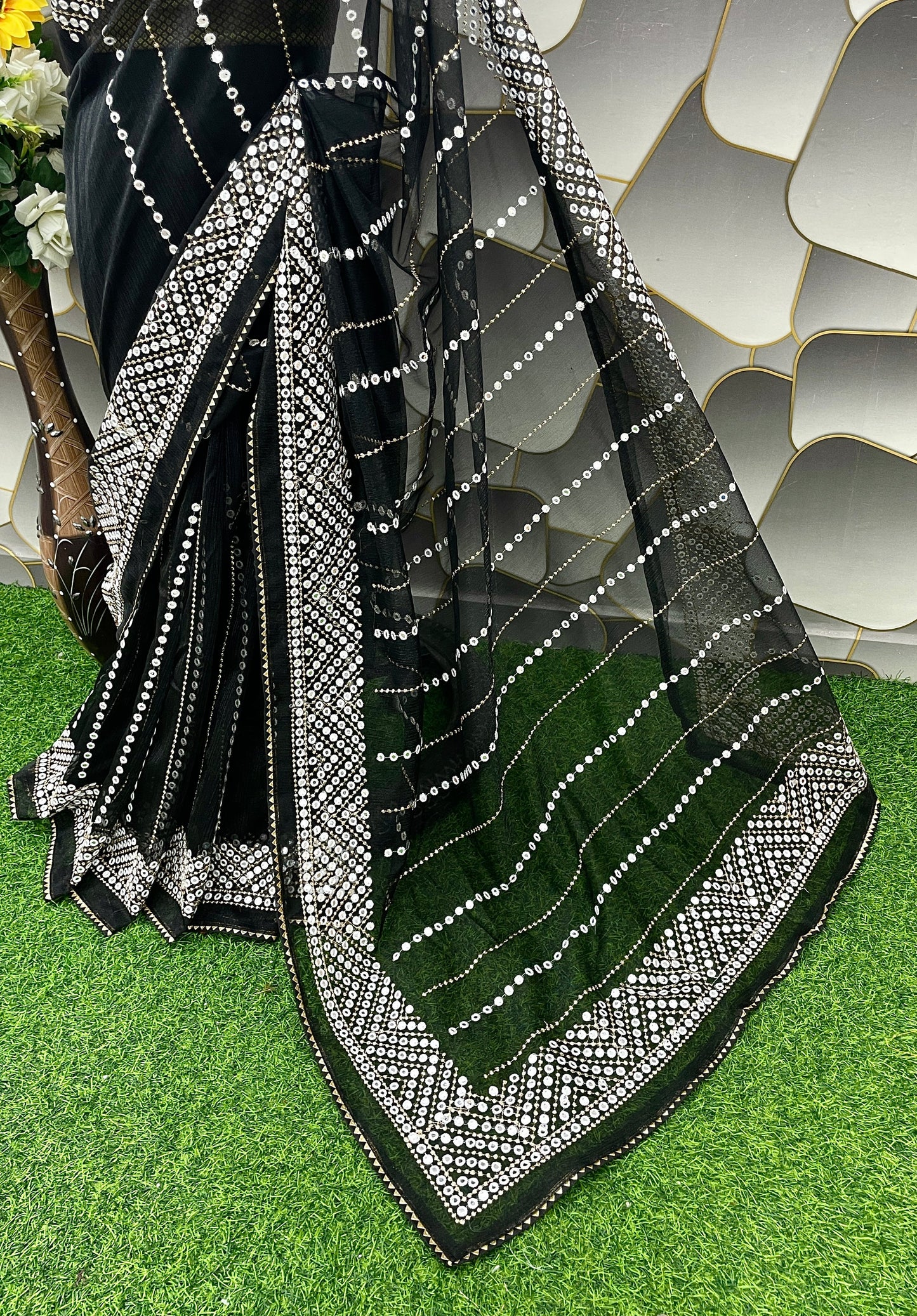 Exquisite Mirror Work Saree – Designer Party Wear & Wedding Collection - BLACK