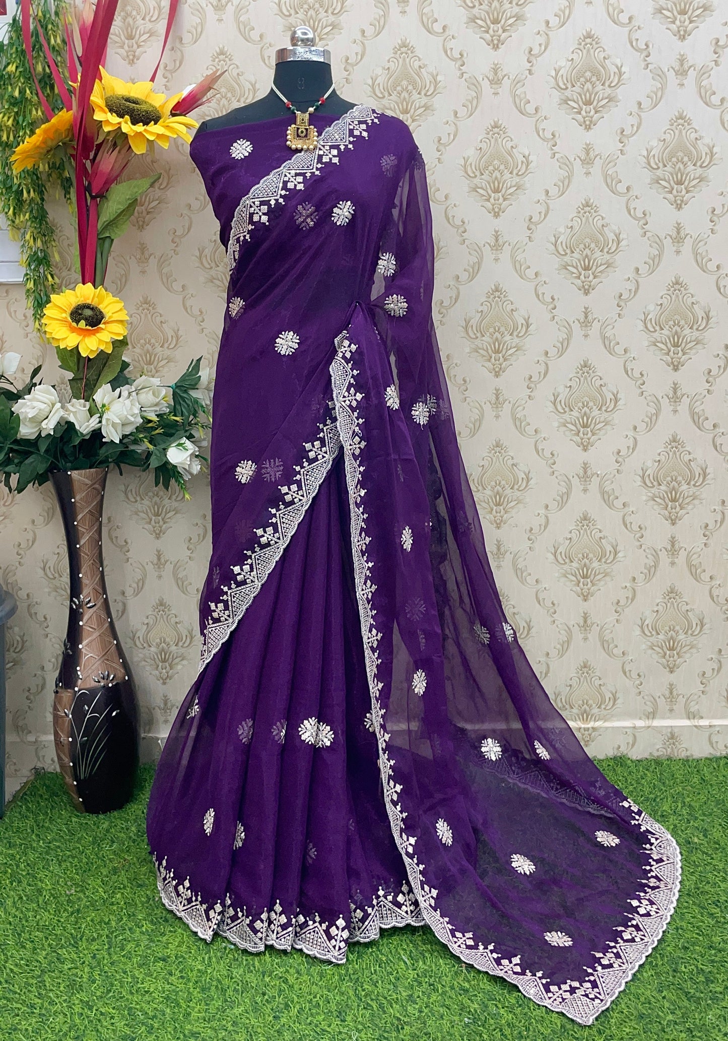 Elegant Net Embroidered Saree with Designer Lace Border – Perfect for Party Wear & Weddings - WINE