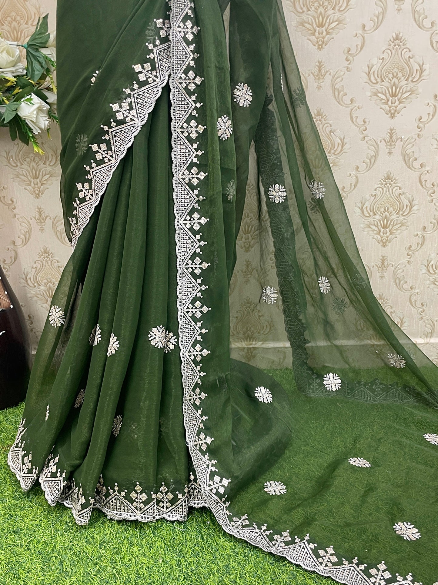 Elegant Net Embroidered Saree with Designer Lace Border – Perfect for Party Wear & Weddings - MEHNDI