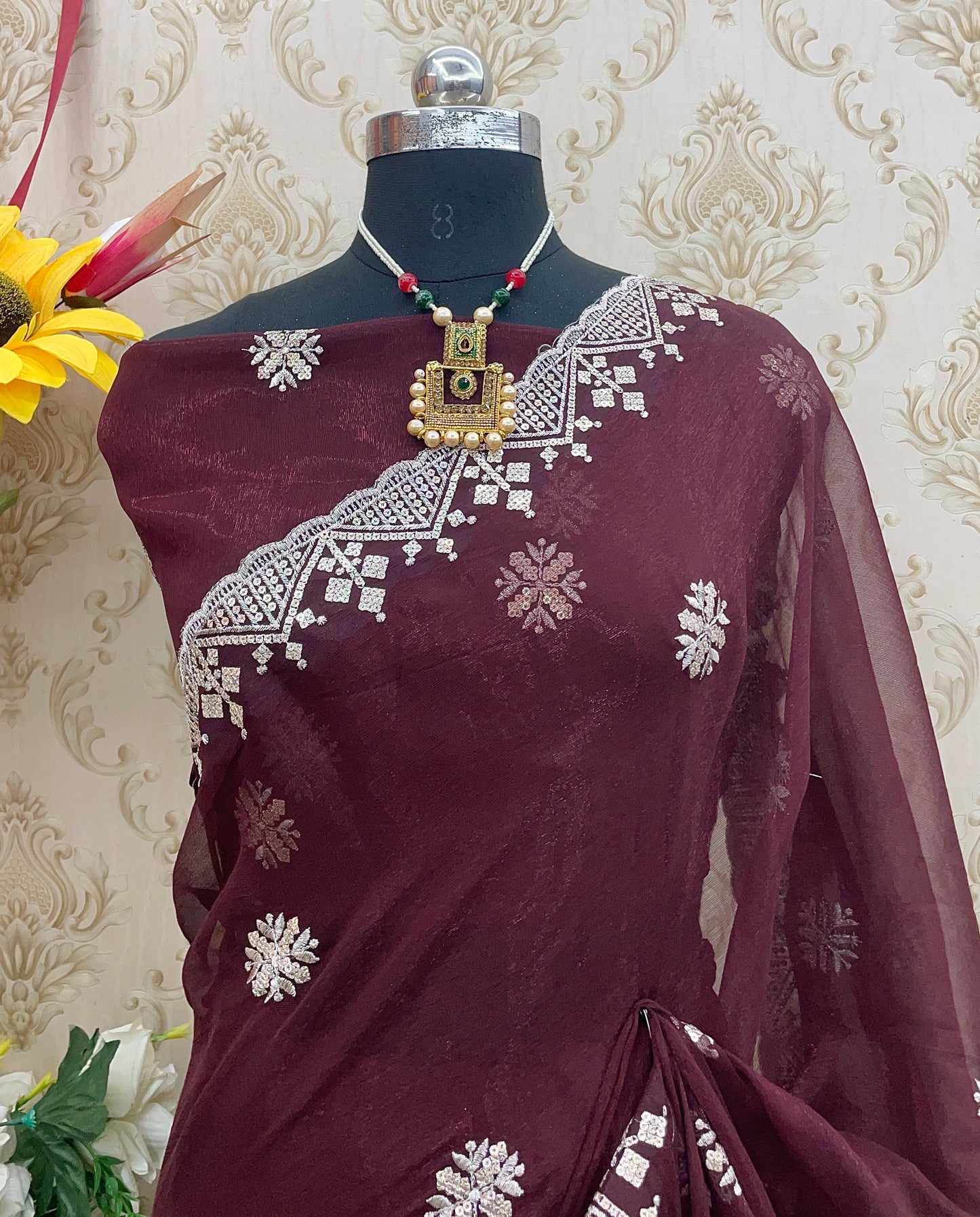 Elegant Net Embroidered Saree with Designer Lace Border – Perfect for Party Wear & Weddings - MAROON