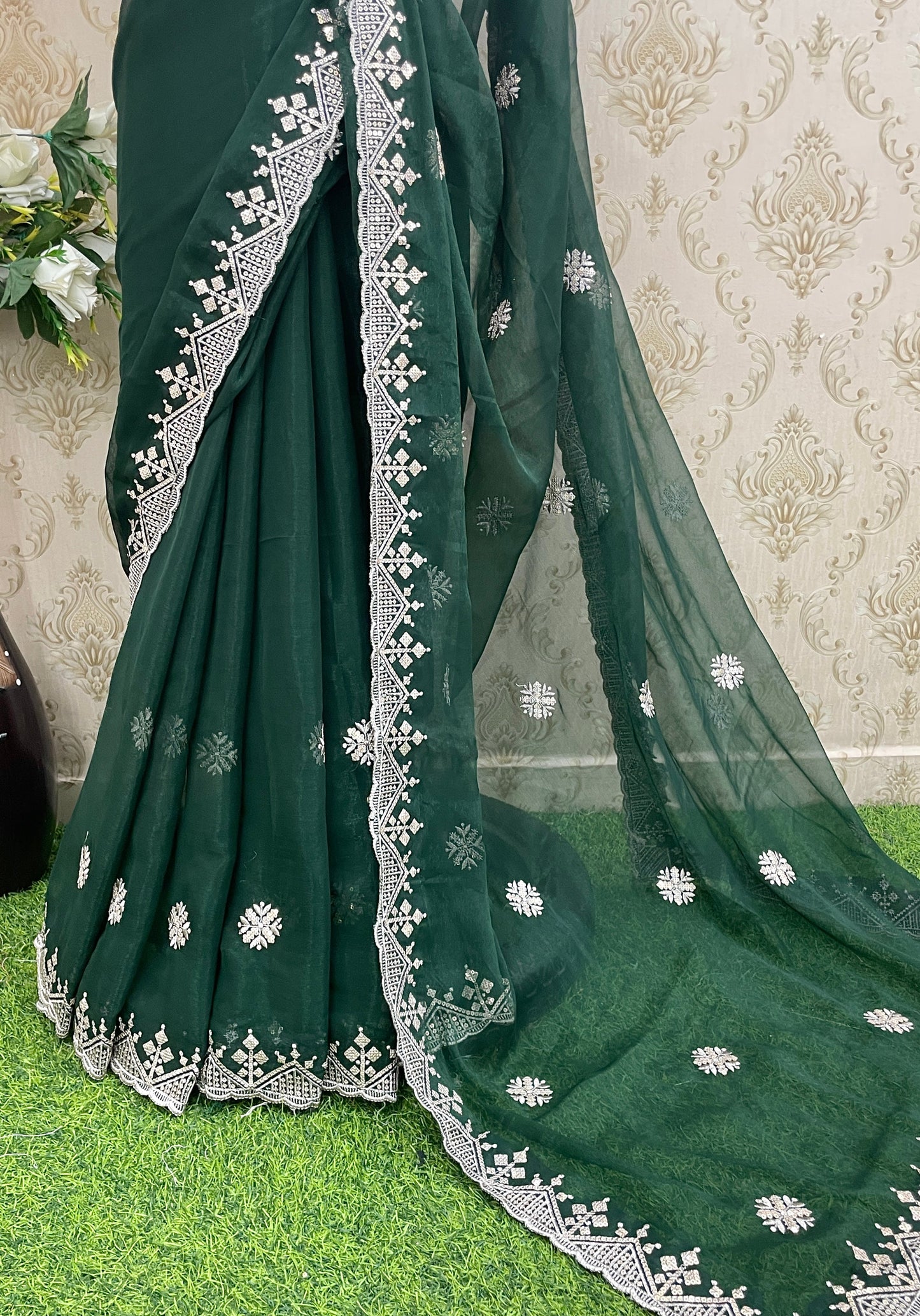 Elegant Net Embroidered Saree with Designer Lace Border – Perfect for Party Wear & Weddings - GREEN