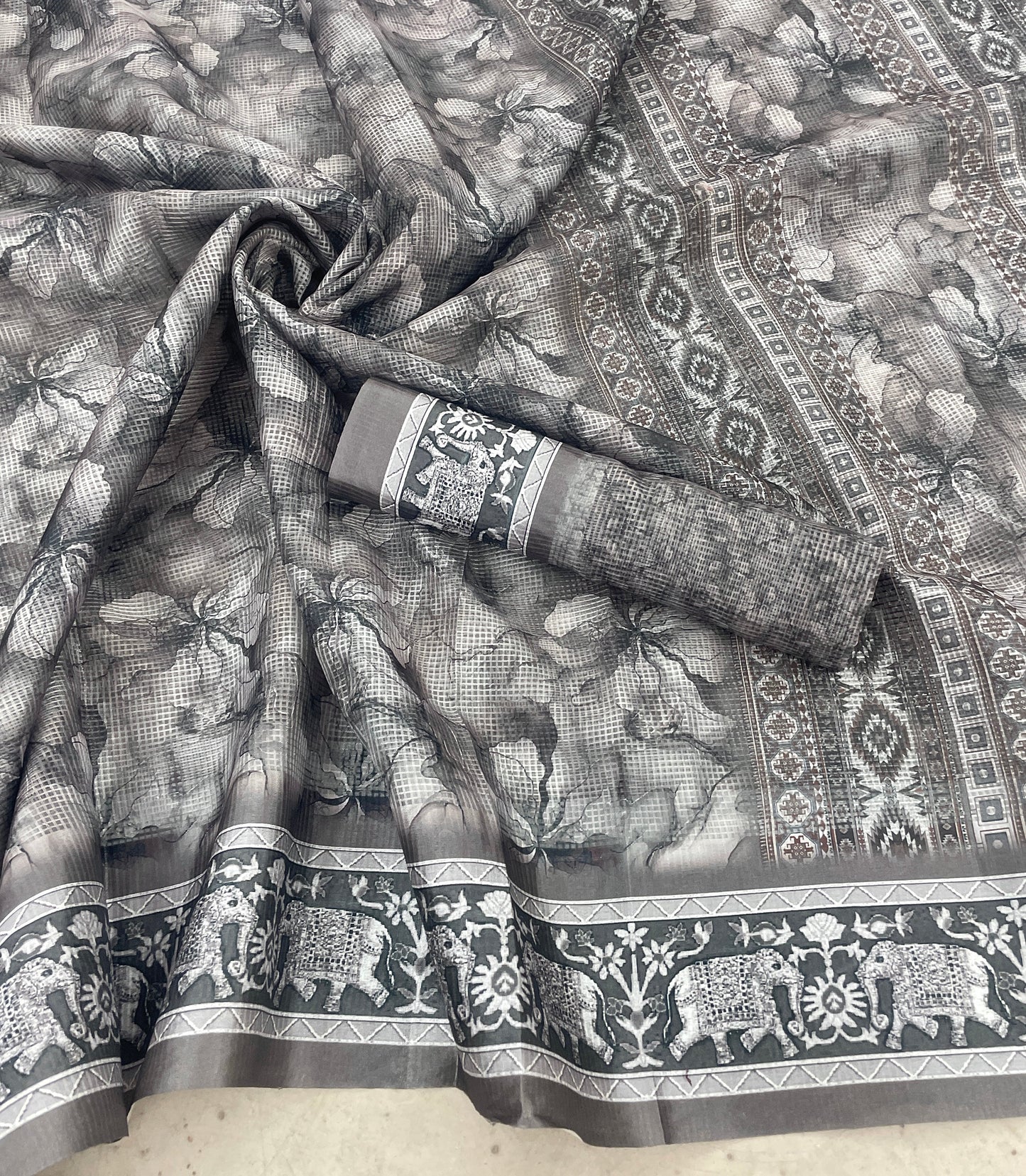 Elegant Floral Printed Saree with Designer Border – Perfect for Casual & Festive Wear - GREY HATHI