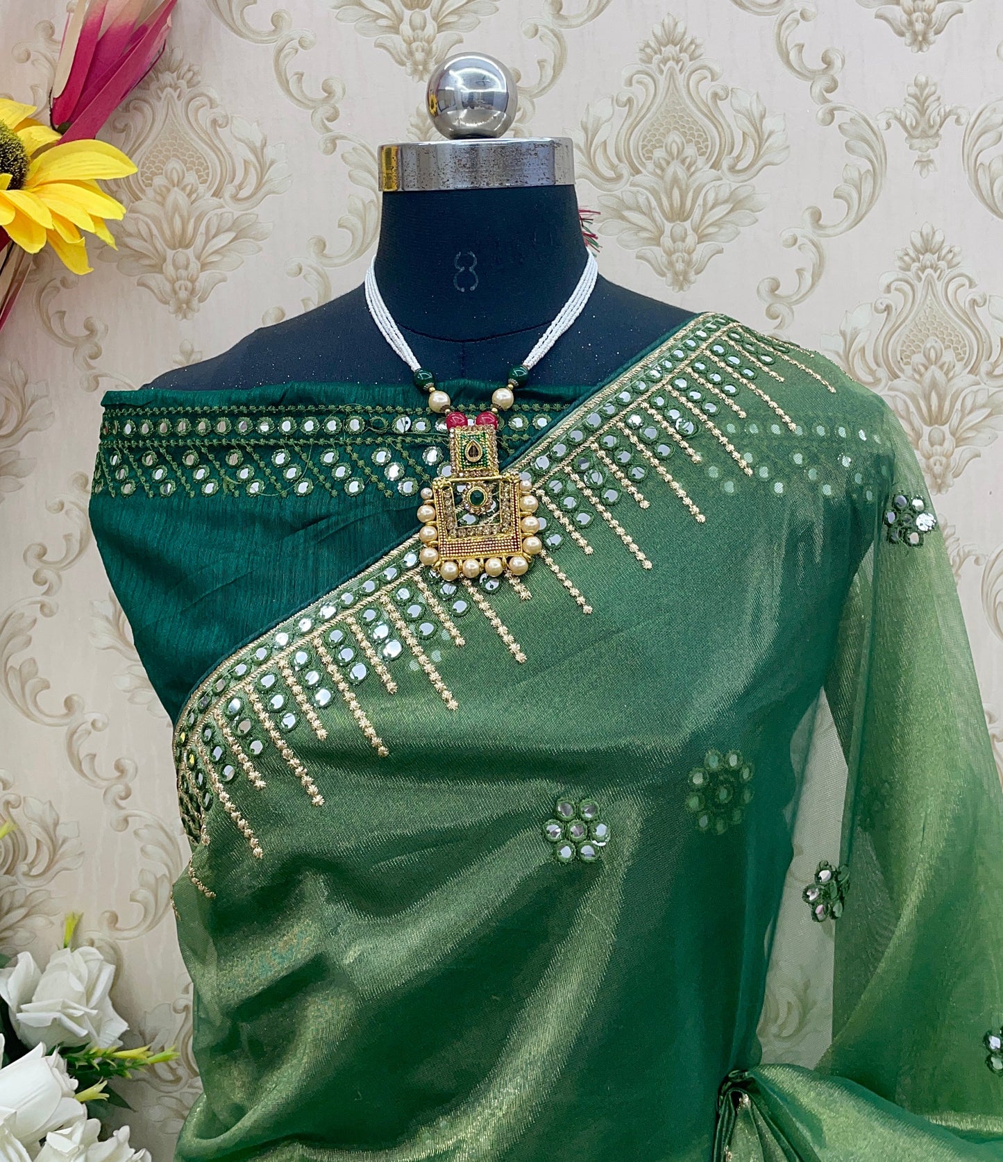 Designer Organza Saree with Exquisite Embroidery & Stone Work – Perfect for Weddings & Festive Wear - GREEN