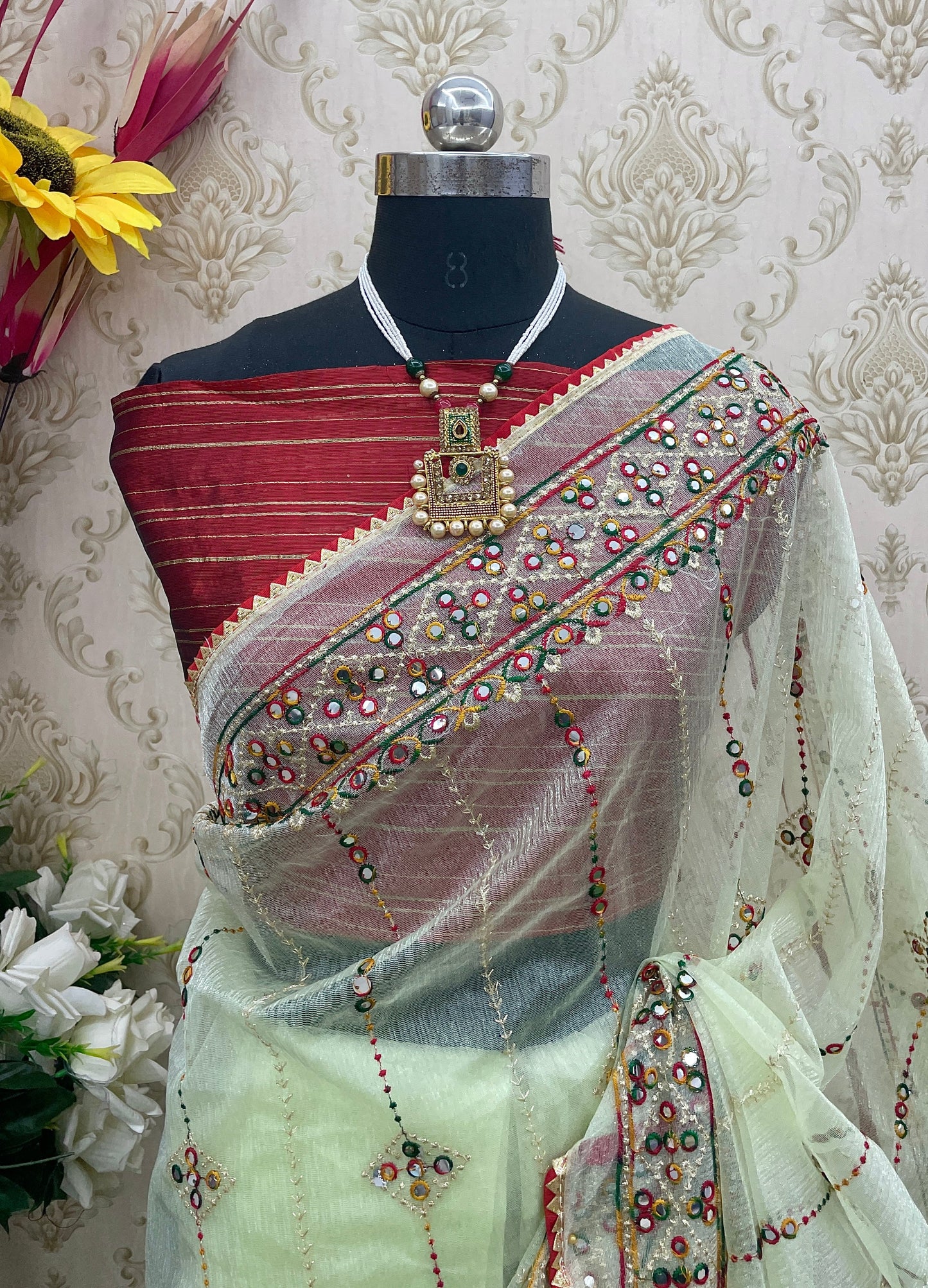 Designer Net Embroidered Saree with Mirror Work β Perfect for Weddings & Festive Wear - Pista