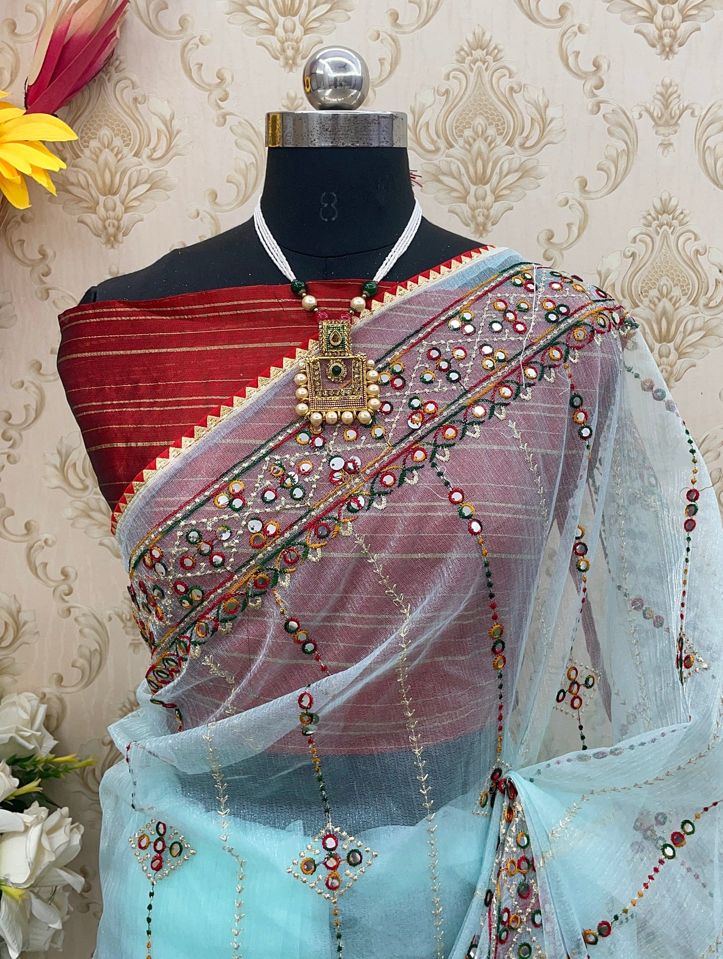 Designer Net Embroidered Saree with Mirror Work β Perfect for Weddings & Festive Wear - Sky Blue
