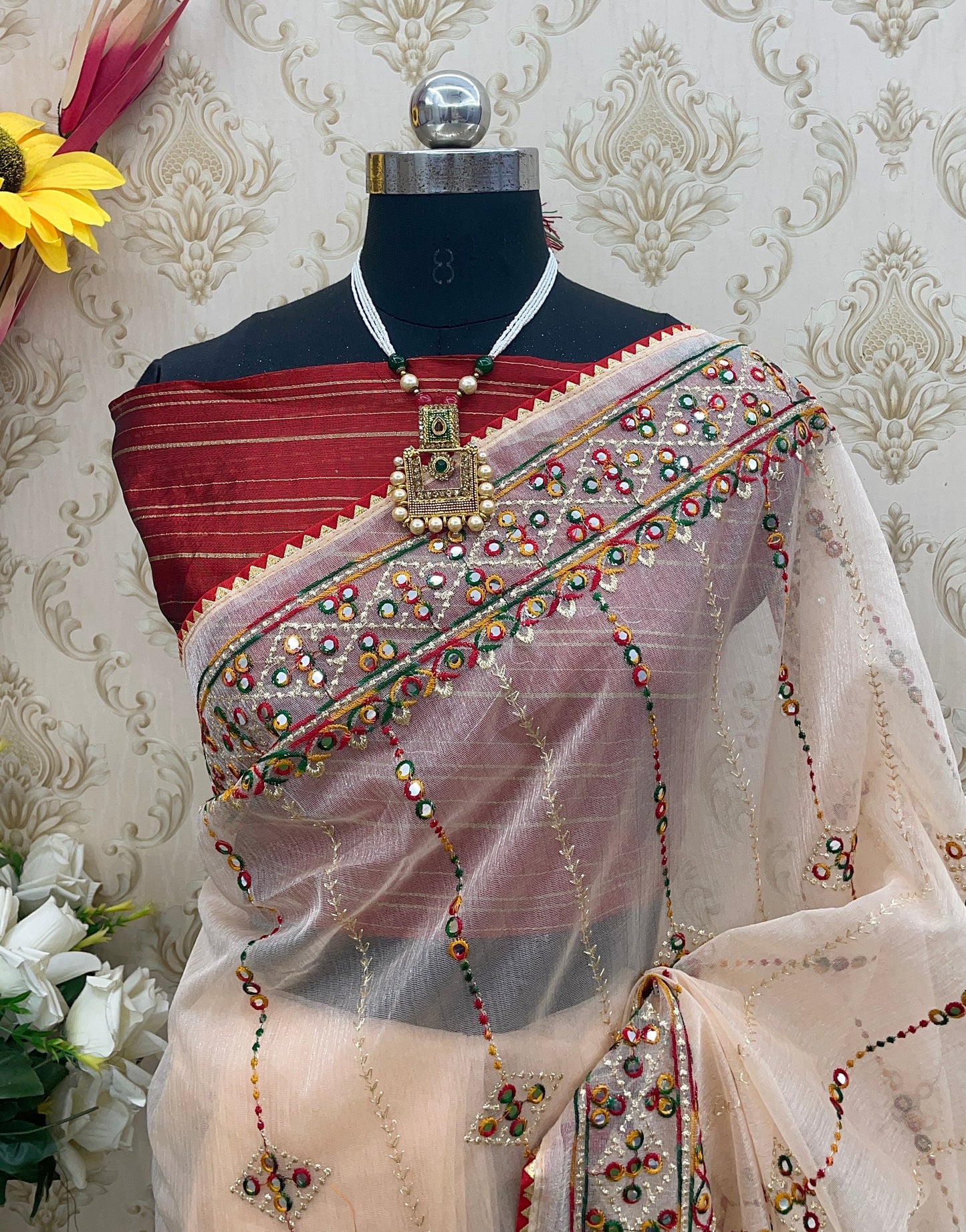 Designer Net Embroidered Saree with Mirror Work – Perfect for Weddings & Festive Wear - Pitch