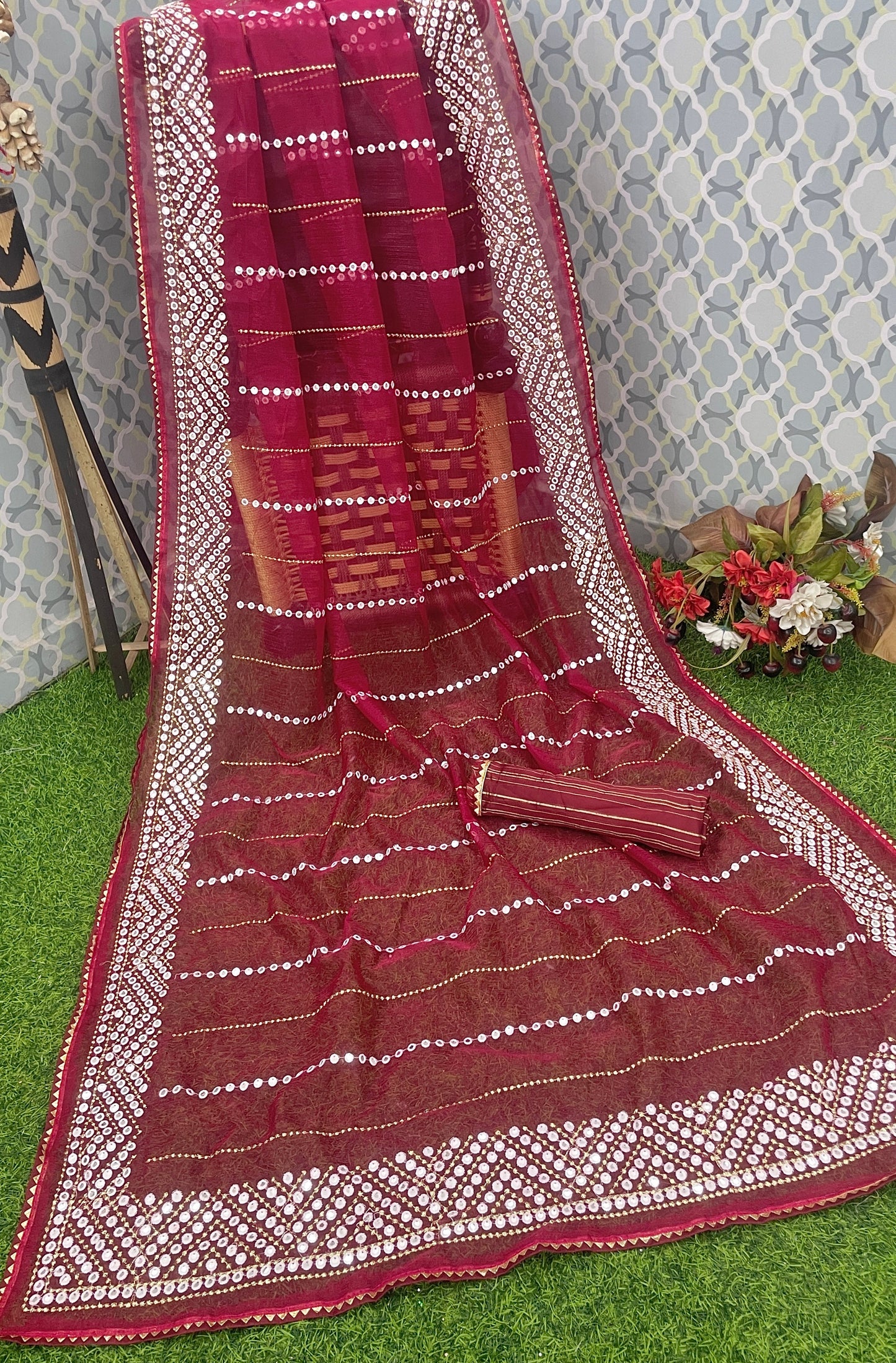 Exquisite Mirror Work Saree – Designer Party Wear & Wedding Collection DARK RED