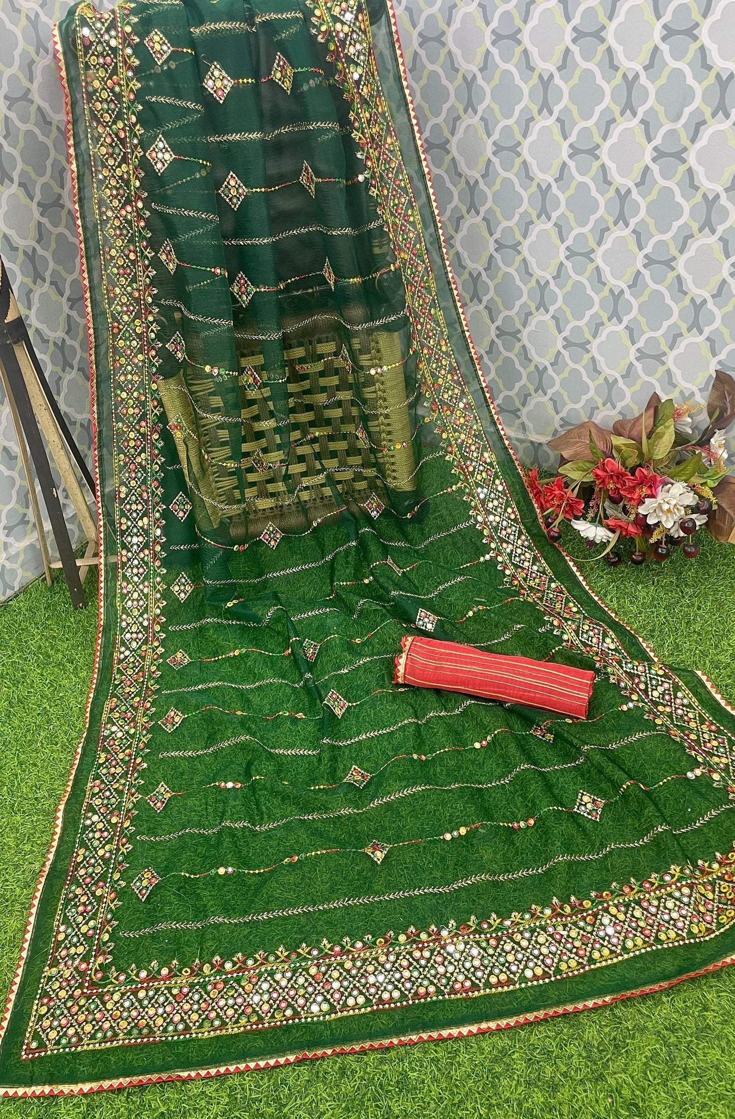 Designer Net Embroidered Saree with Mirror Work β Perfect for Weddings & Festive Wear - Dark Green