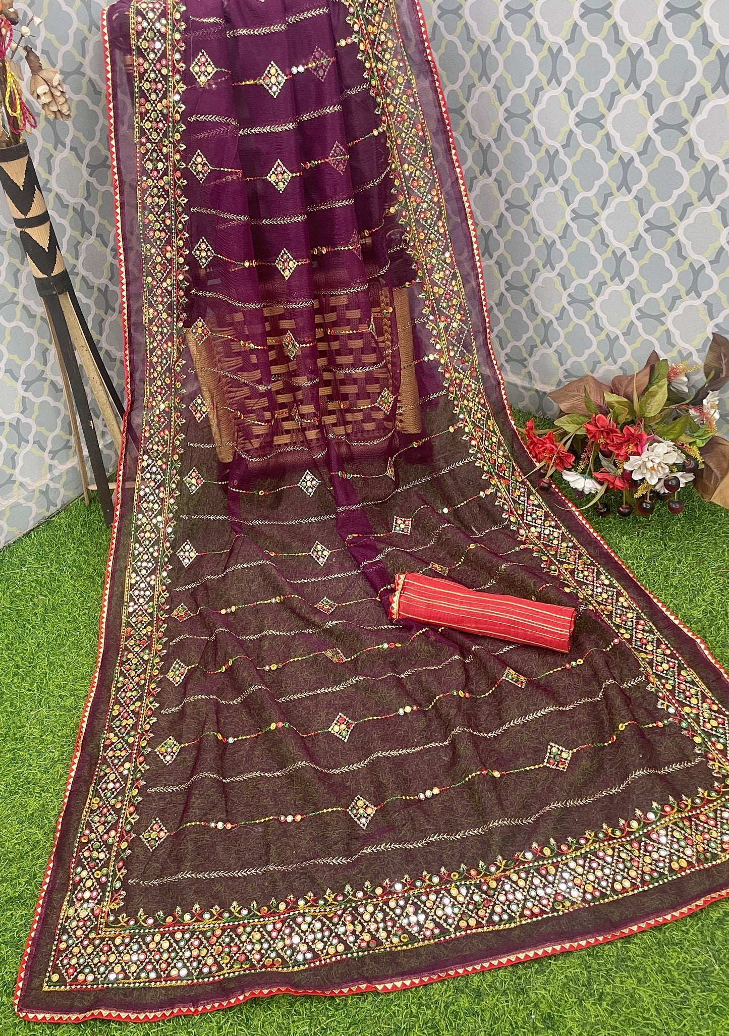Designer Net Embroidered Saree with Mirror Work β Perfect for Weddings & Festive Wear - Wine