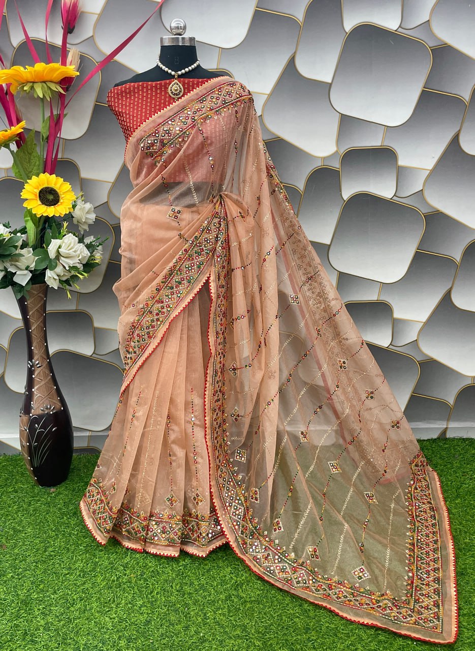 Designer Net Embroidered Saree with Mirror Work β Perfect for Weddings & Festive Wear - Orange