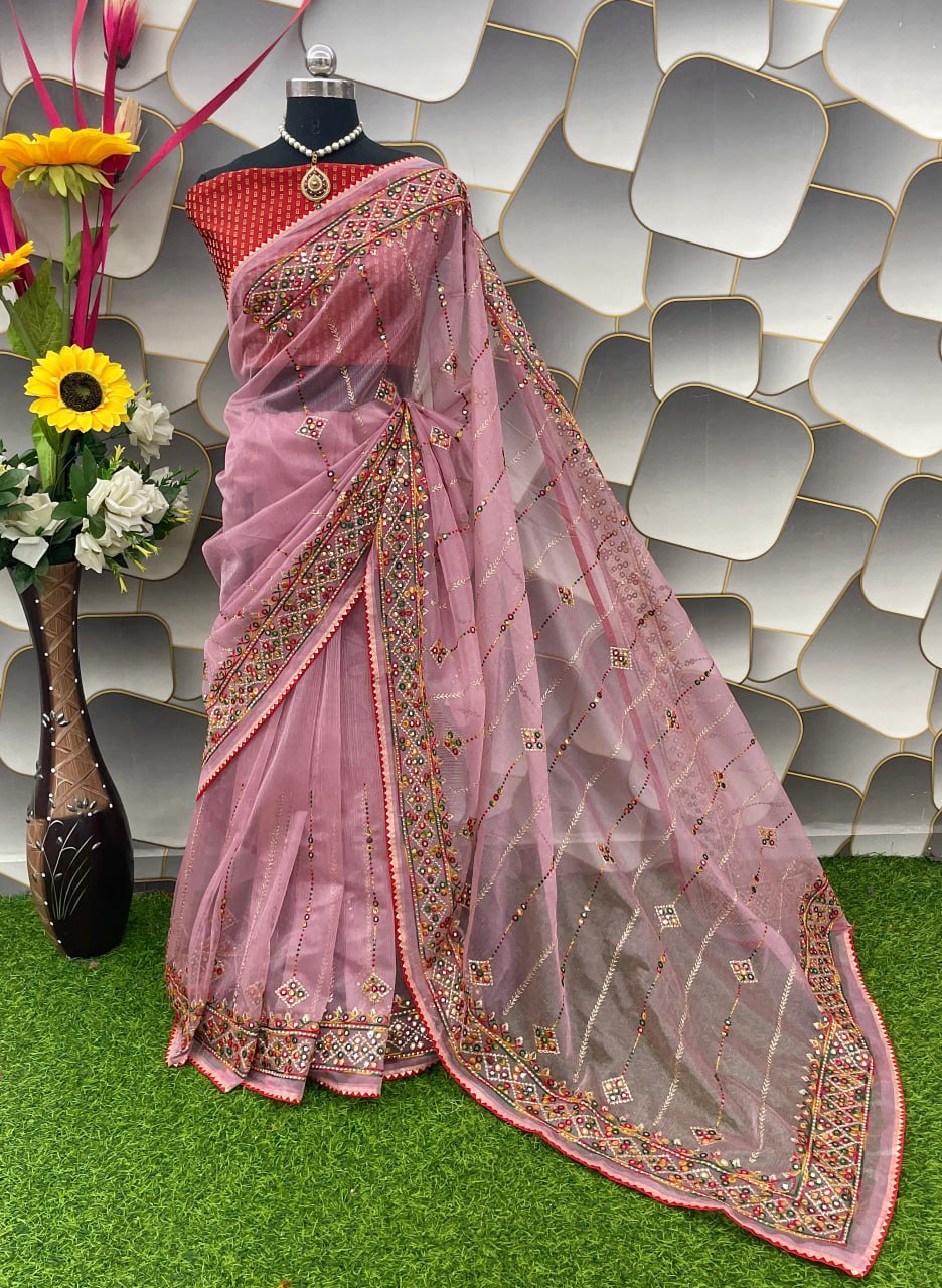 Designer Net Embroidered Saree with Mirror Work β Perfect for Weddings & Festive Wear - Pink