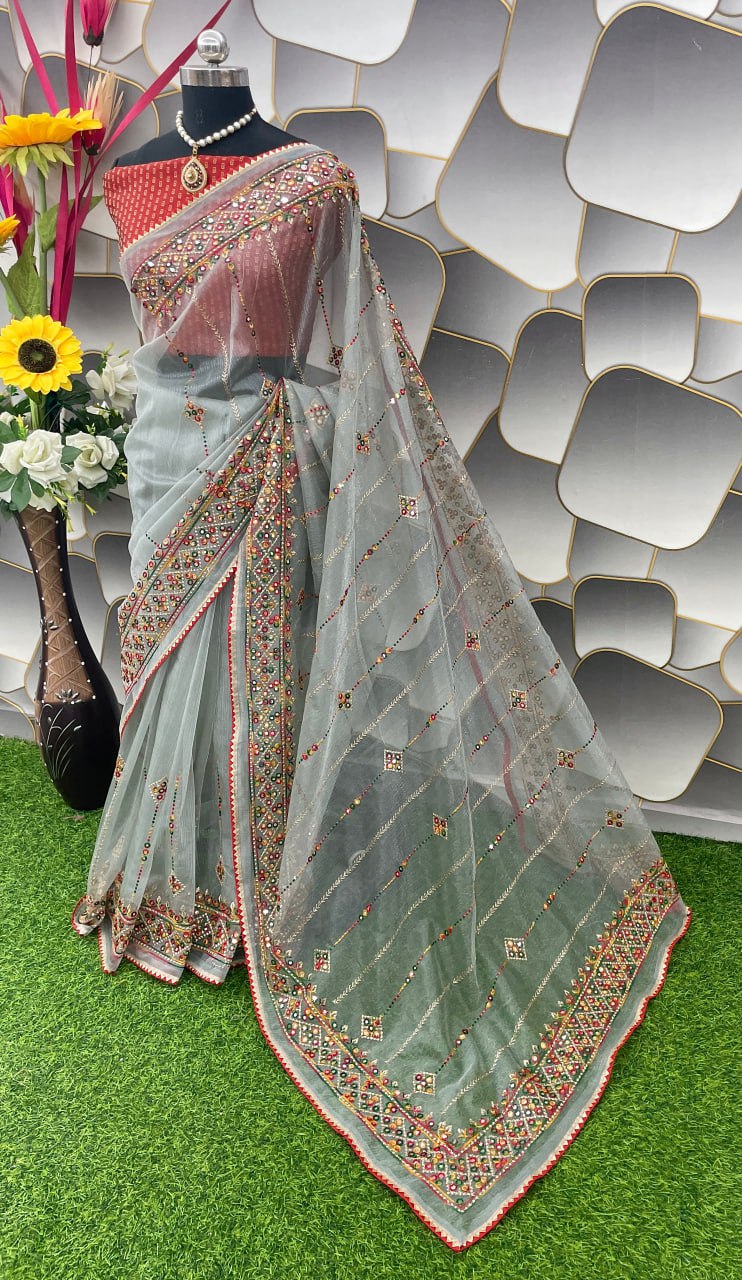 Designer Net Embroidered Saree with Mirror Work β Perfect for Weddings & Festive Wear - Grey
