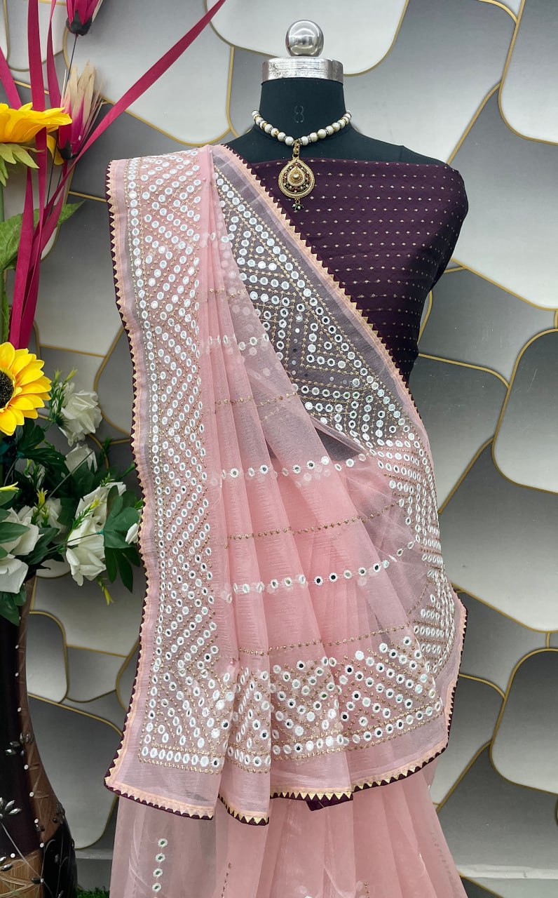 Exquisite Mirror Work Saree – Designer Party Wear & Wedding Collection - PINK