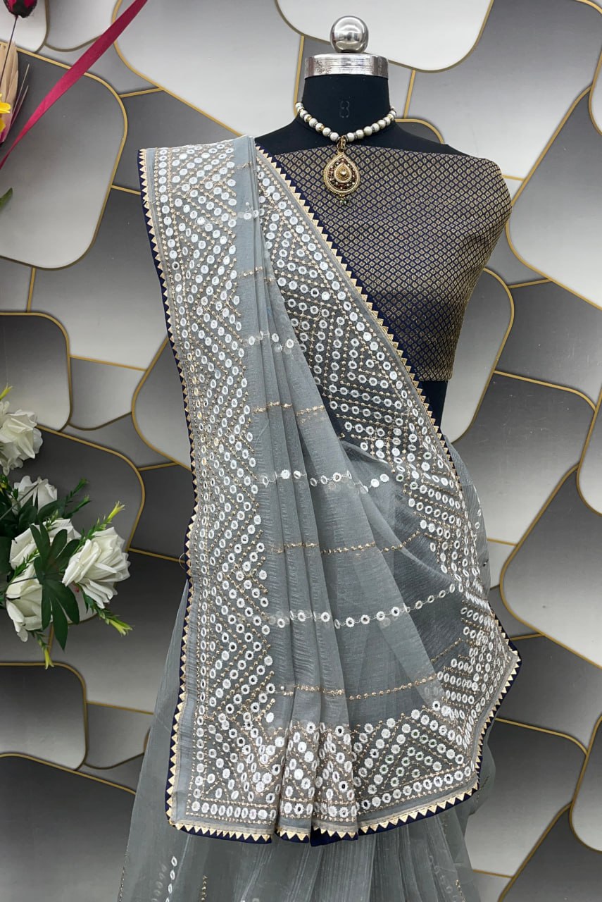 Exquisite Mirror Work Saree – Designer Party Wear & Wedding Collection - GREY