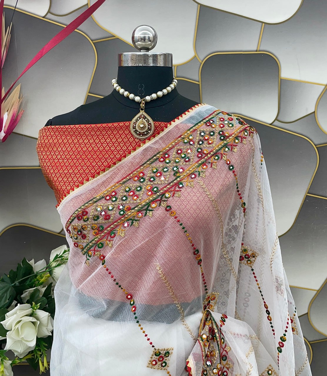 Designer Net Embroidered Saree with Mirror Work β Perfect for Weddings & Festive Wear - White