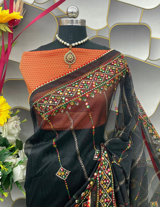 Designer Net Embroidered Saree with Mirror Work – Perfect for Weddings & Festive Wear - Black