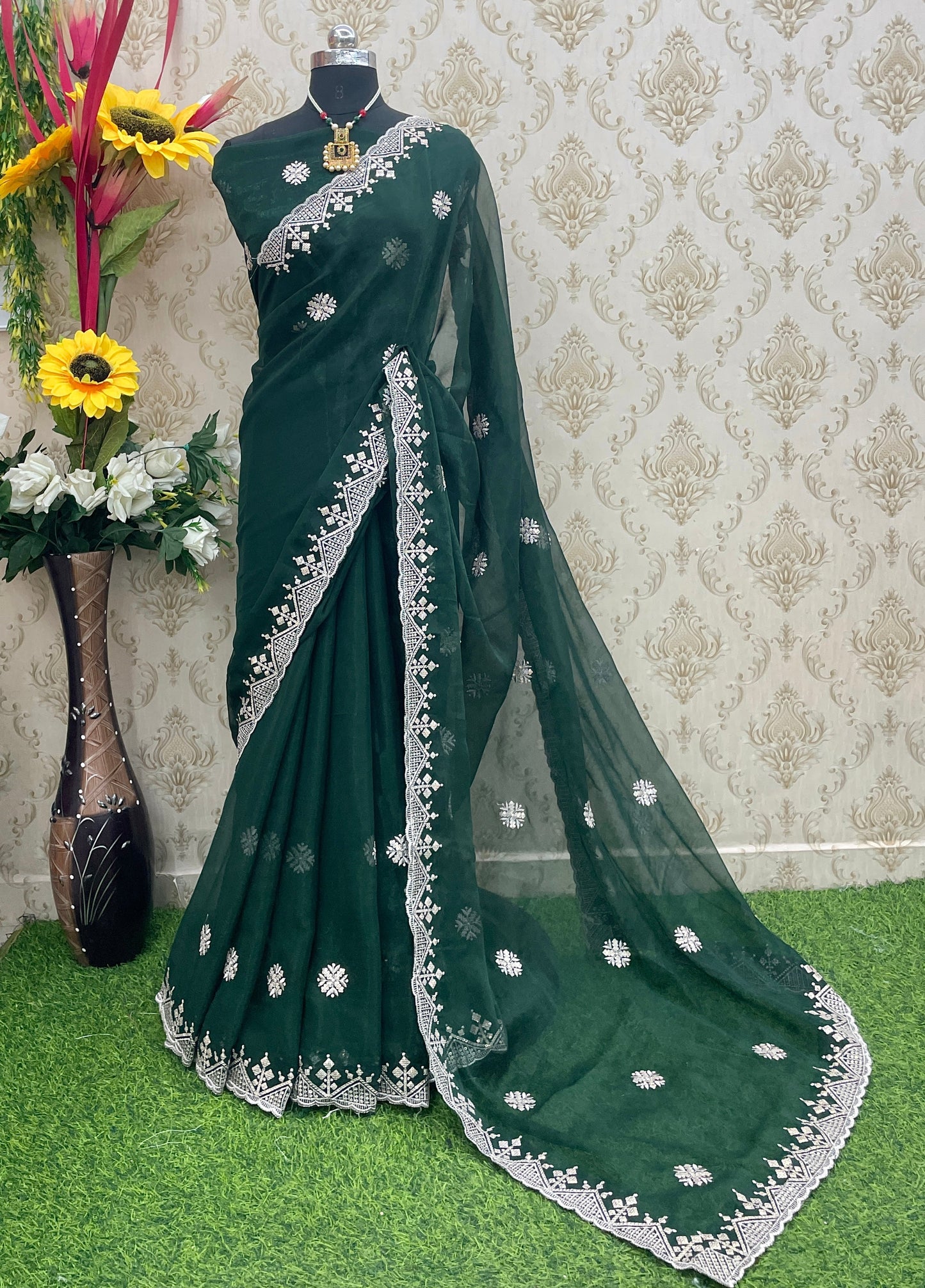 Elegant Net Embroidered Saree with Designer Lace Border – Perfect for Party Wear & Weddings - GREEN