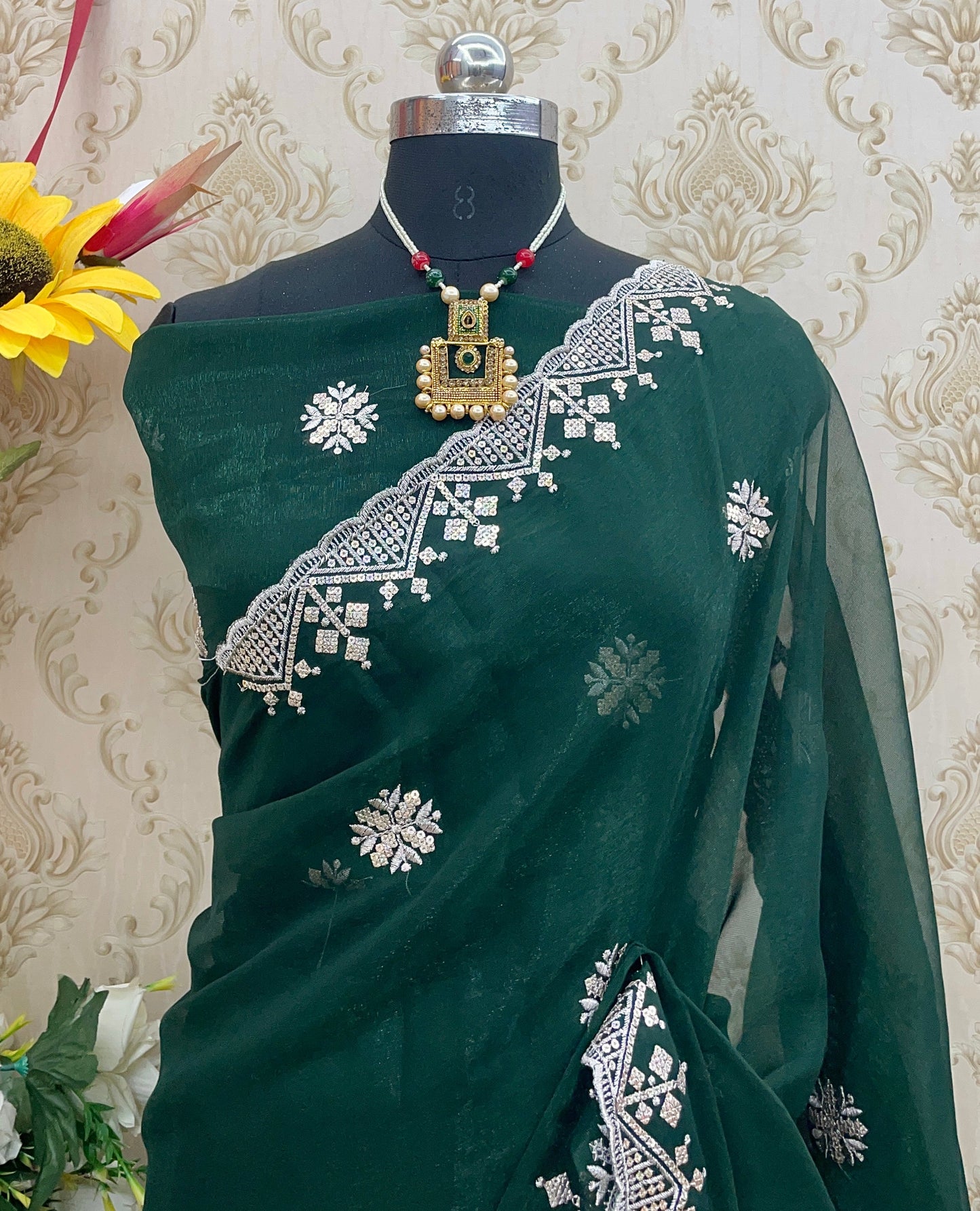 Elegant Net Embroidered Saree with Designer Lace Border – Perfect for Party Wear & Weddings - GREEN
