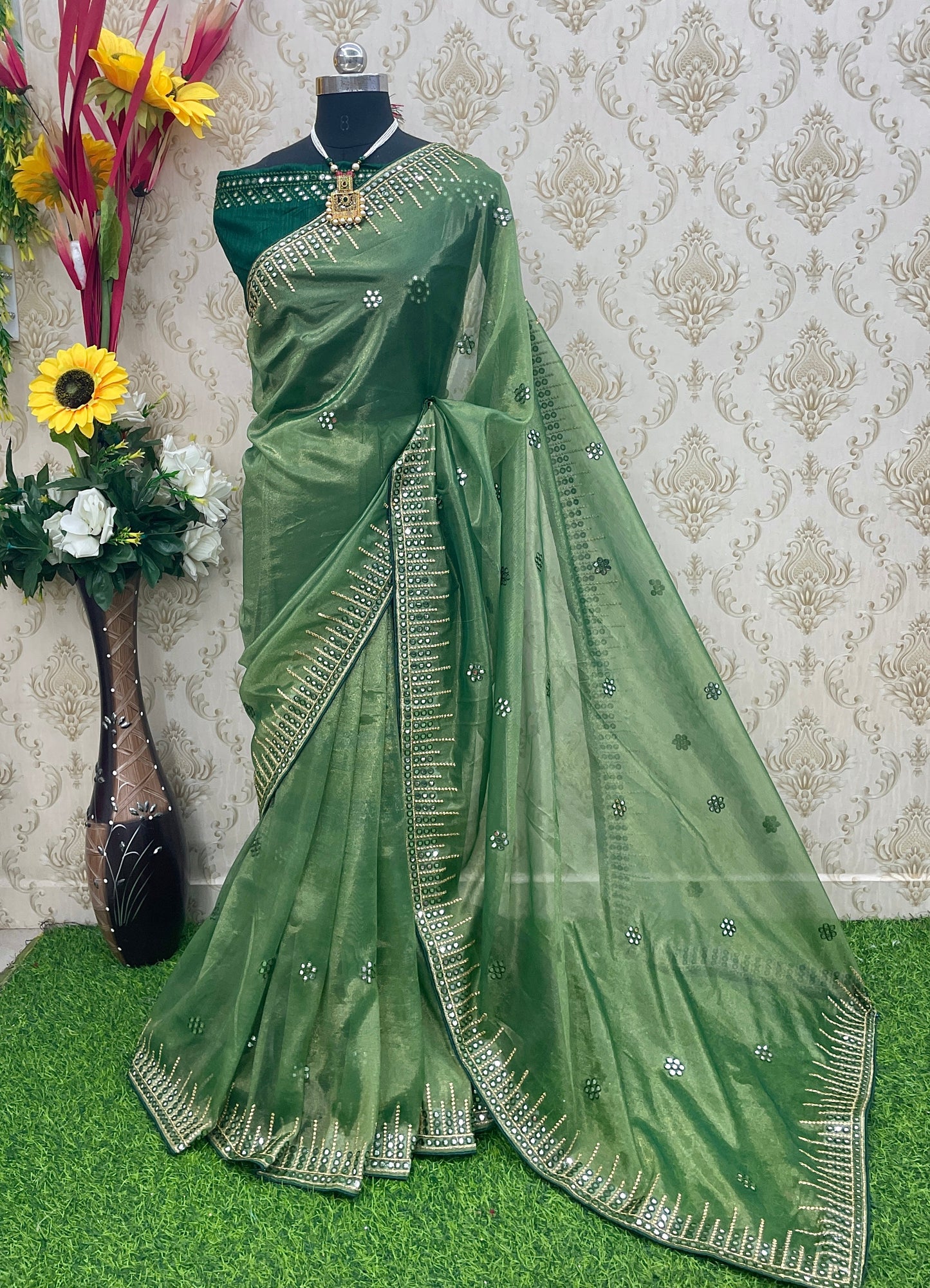 Designer Organza Saree with Exquisite Embroidery & Stone Work – Perfect for Weddings & Festive Wear - GREEN