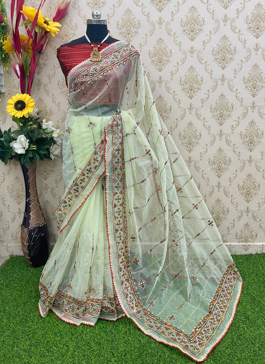 Designer Net Embroidered Saree with Mirror Work – Perfect for Weddings & Festive Wear - Pista