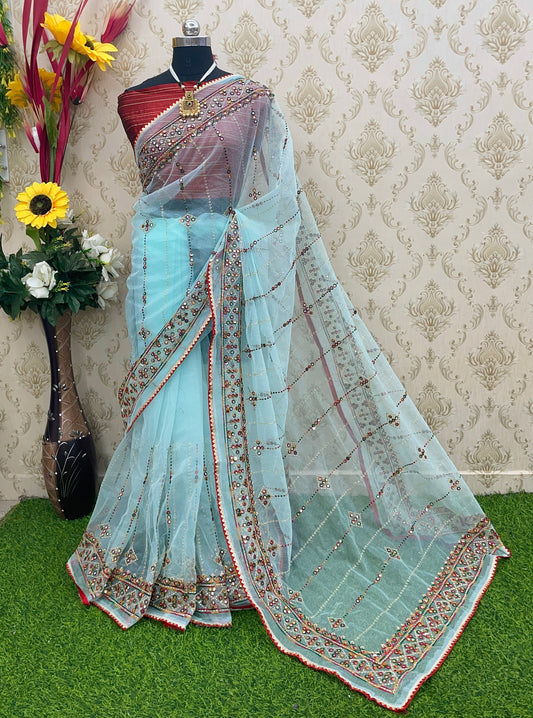 Designer Net Embroidered Saree with Mirror Work – Perfect for Weddings & Festive Wear - Sky Blue