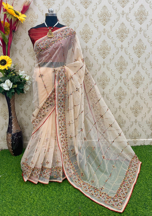 Designer Net Embroidered Saree with Mirror Work – Perfect for Weddings & Festive Wear - Pitch
