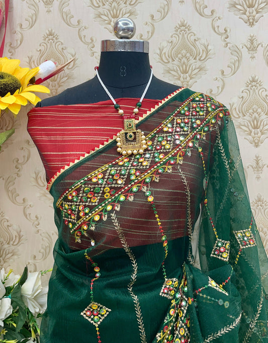 Designer Net Embroidered Saree with Mirror Work – Perfect for Weddings & Festive Wear - Dark Green