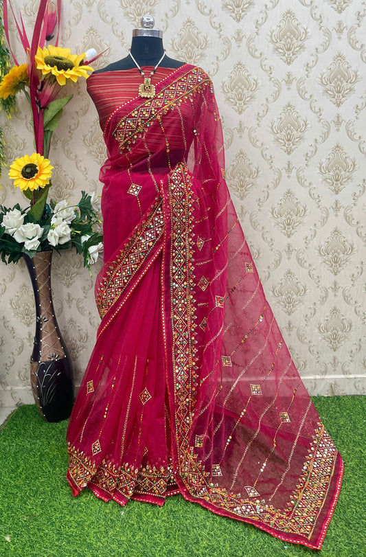 Designer Net Embroidered Saree with Mirror Work – Perfect for Weddings & Festive Wear - Red