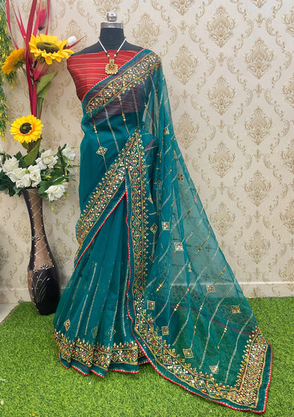 Designer Net Embroidered Saree with Mirror Work – Perfect for Weddings & Festive Wear - Dark Rama