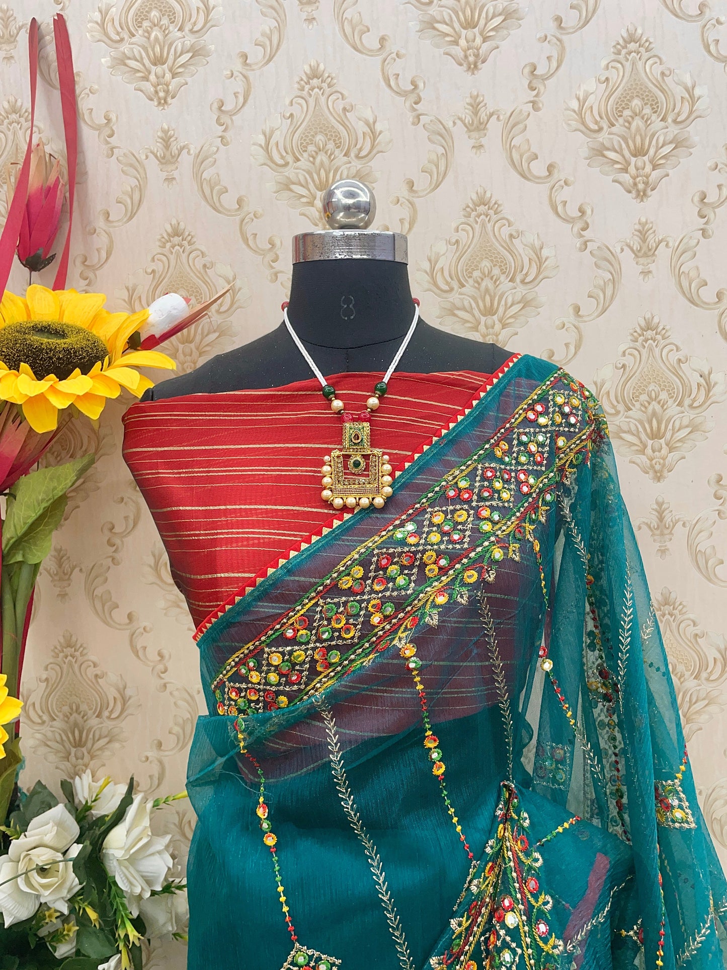 Designer Net Embroidered Saree with Mirror Work – Perfect for Weddings & Festive Wear - Dark Rama