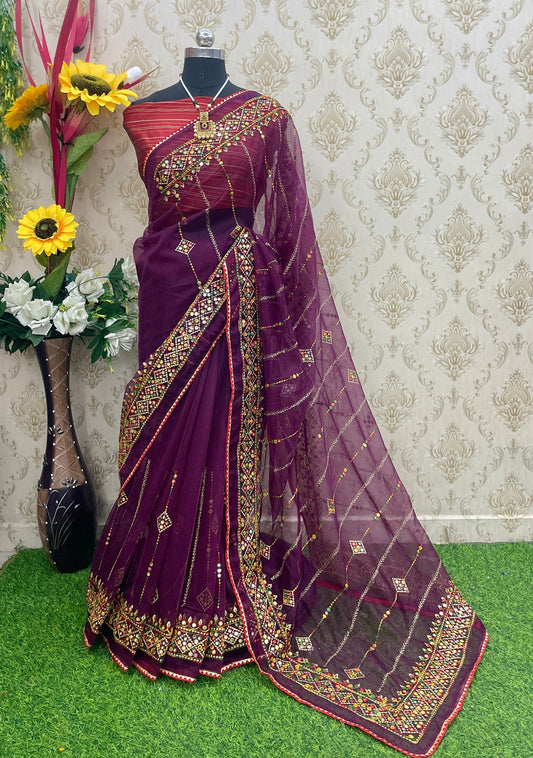 Designer Net Embroidered Saree with Mirror Work – Perfect for Weddings & Festive Wear - Wine