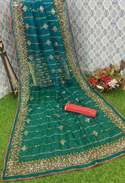 Designer Net Embroidered Saree with Mirror Work – Perfect for Weddings & Festive Wear - Dark Rama