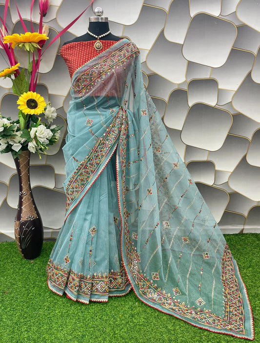 Designer Net Embroidered Saree with Mirror Work – Perfect for Weddings & Festive Wear - Rama