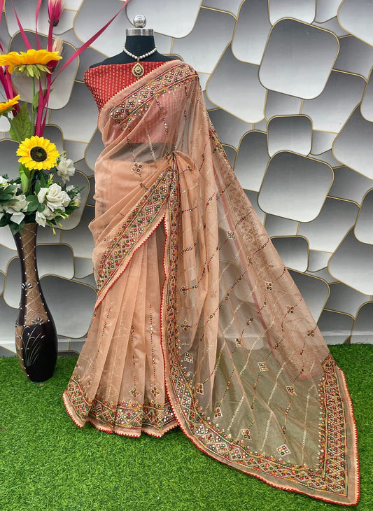 Designer Net Embroidered Saree with Mirror Work – Perfect for Weddings & Festive Wear - Orange