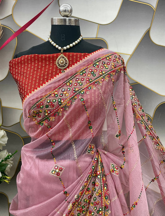 Designer Net Embroidered Saree with Mirror Work – Perfect for Weddings & Festive Wear - Pink