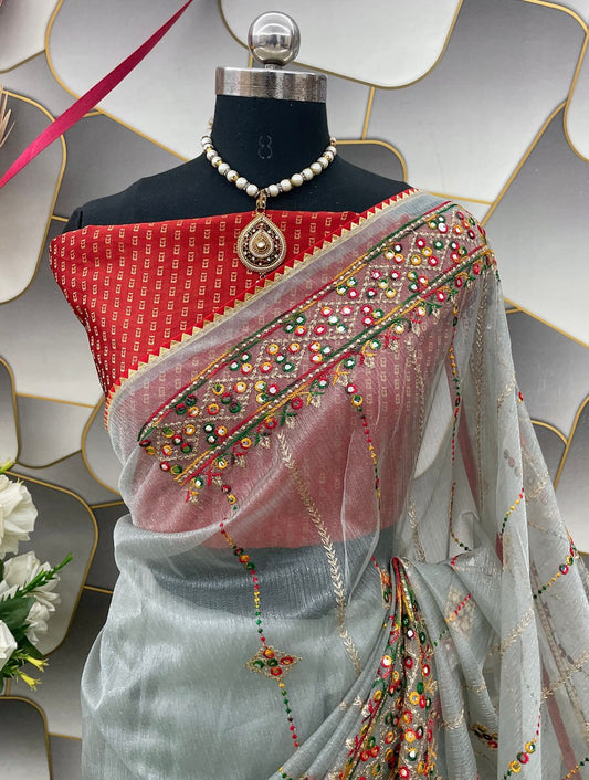 Designer Net Embroidered Saree with Mirror Work – Perfect for Weddings & Festive Wear - Grey
