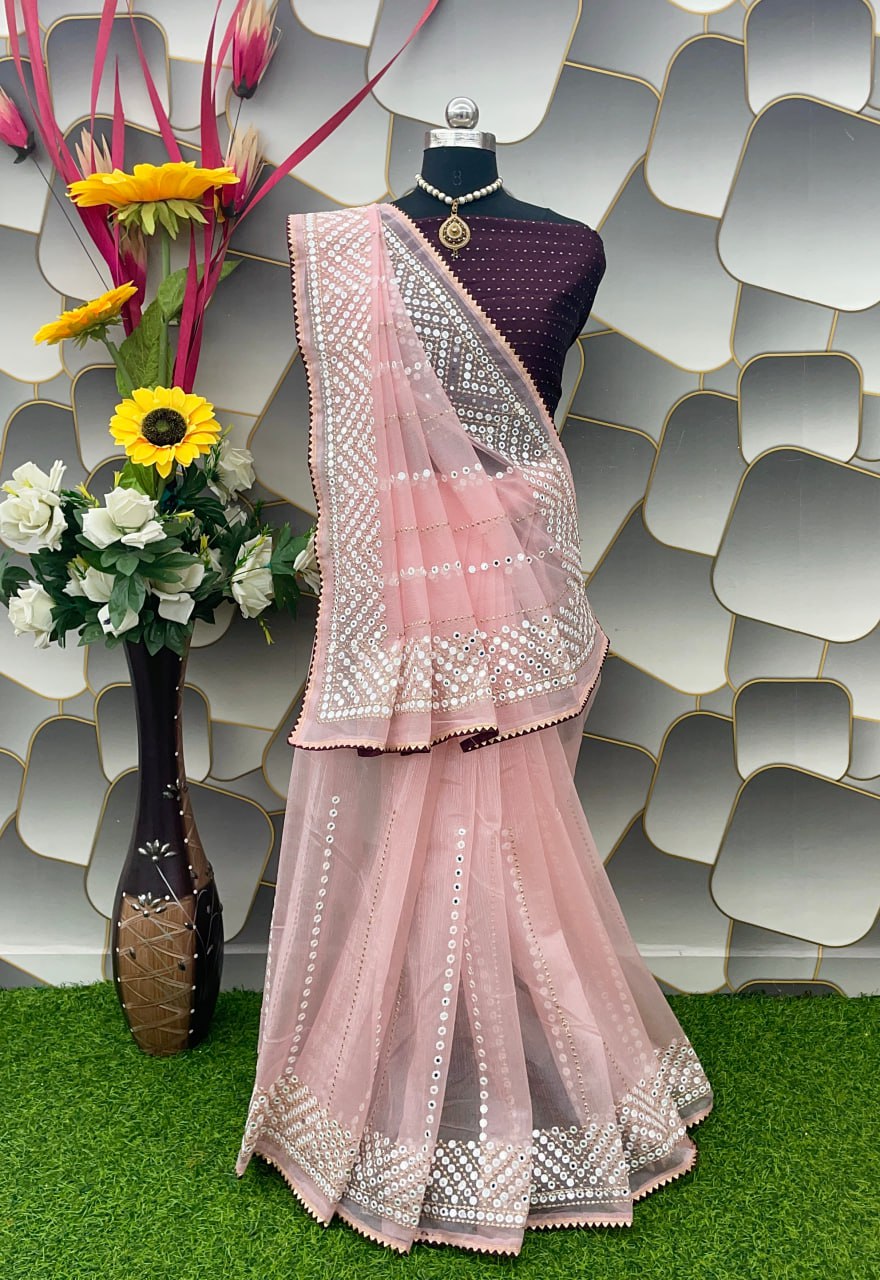 Exquisite Mirror Work Saree – Designer Party Wear & Wedding Collection - PINK