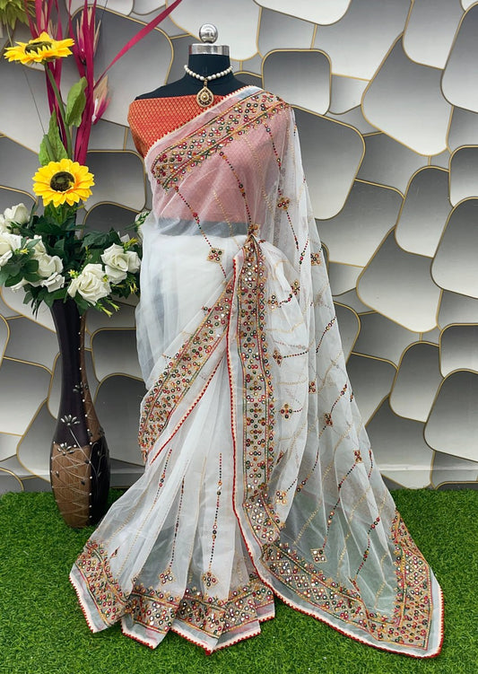 Designer Net Embroidered Saree with Mirror Work – Perfect for Weddings & Festive Wear - White
